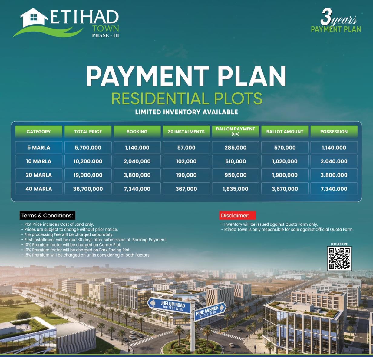 Etihad Town Phase 3 residential plots payment plan 2026 5 marla 10 marla 20 marla 40 marla Lahore