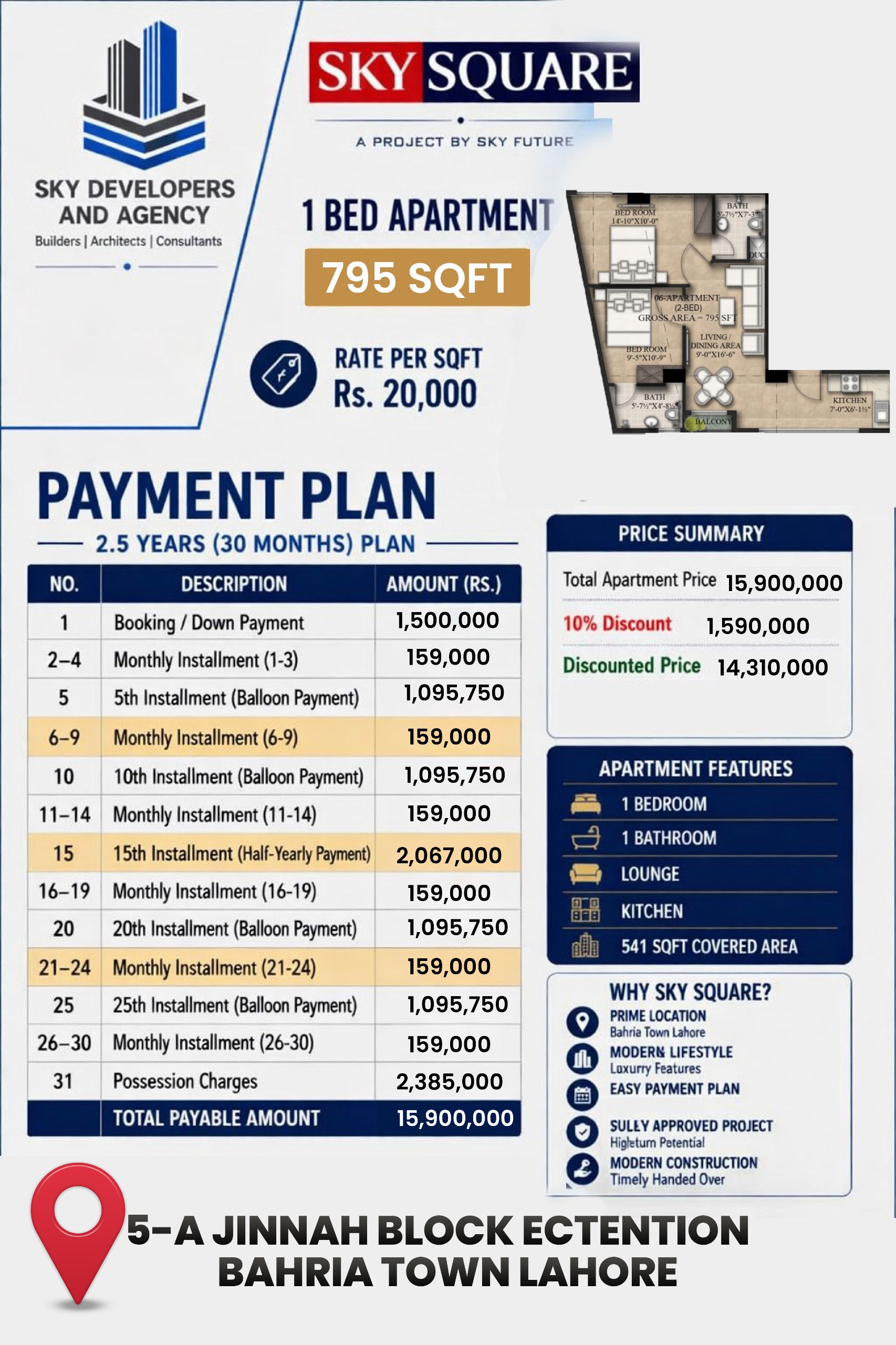 Sky Square 2 Bed 795sqft payment plan
