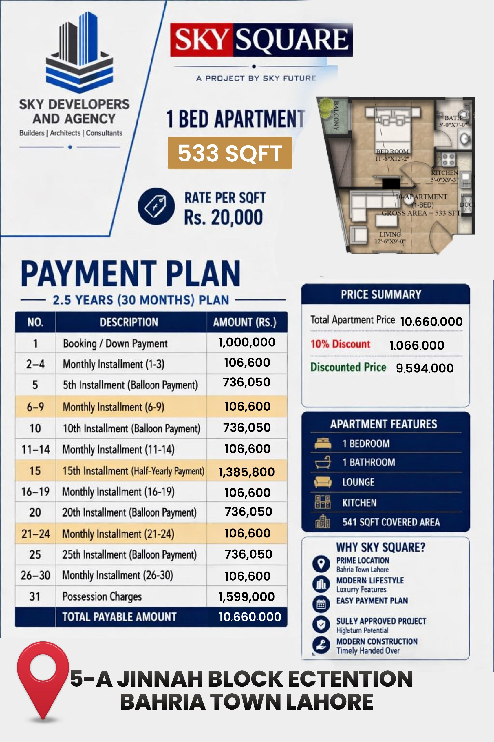 Sky Square 1 Bed 515sqft payment plan