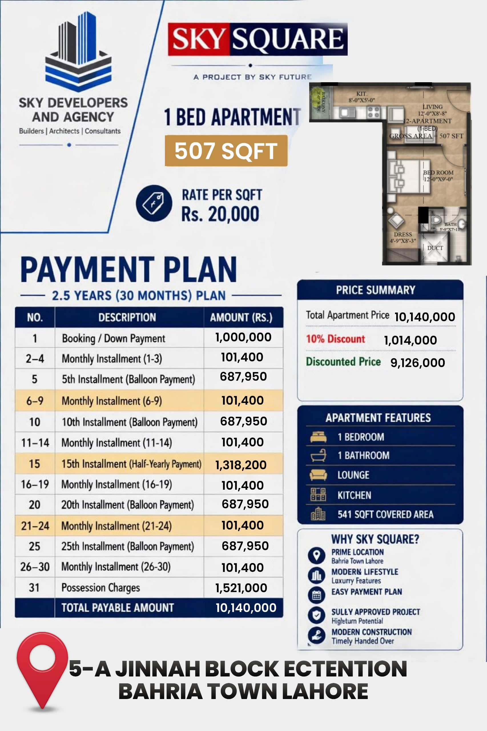 Sky Square 1 Bed 507sqft payment plan