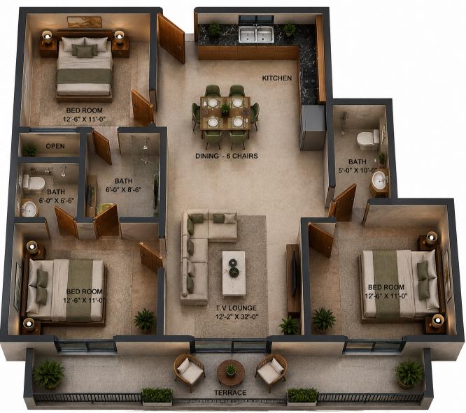 Three Bed Theme Park — 1633 Sq.Ft